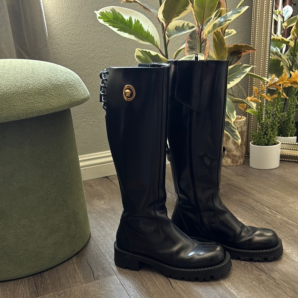 Versace Alia Leather Knee High Boots